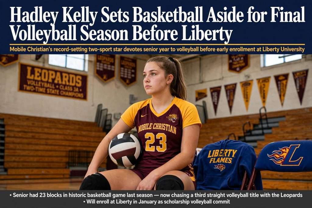 Illustration for the news story: Mobile Christian’s Hadley Kelly Sets Basketball Aside for Final Volleyball Season Before Liberty