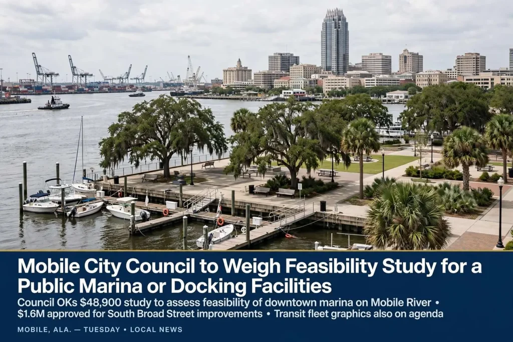 Illustration for the news story: Mobile City Council to Weigh Feasibility Study for a Public Marina or Docking Facilities