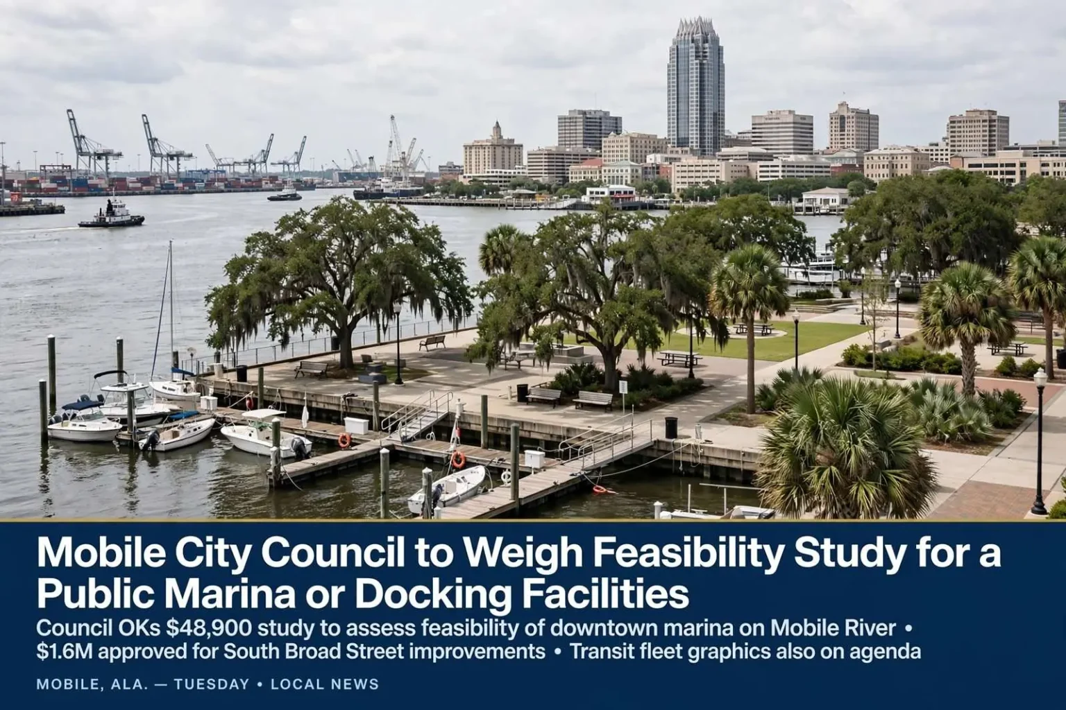 Illustration for the news story: Mobile City Council to Weigh Feasibility Study for a Public Marina or Docking Facilities