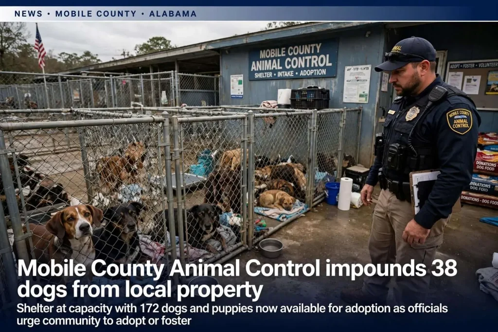 Illustration for the news story: Mobile County Animal Control impounds 38 dogs from local property