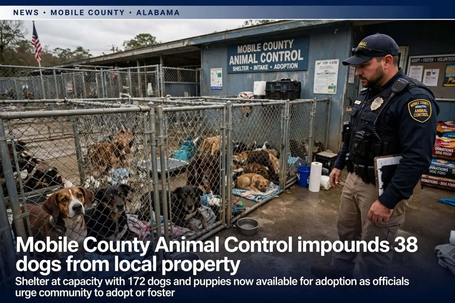 Illustration for the news story: Mobile County Animal Control impounds 38 dogs from local property