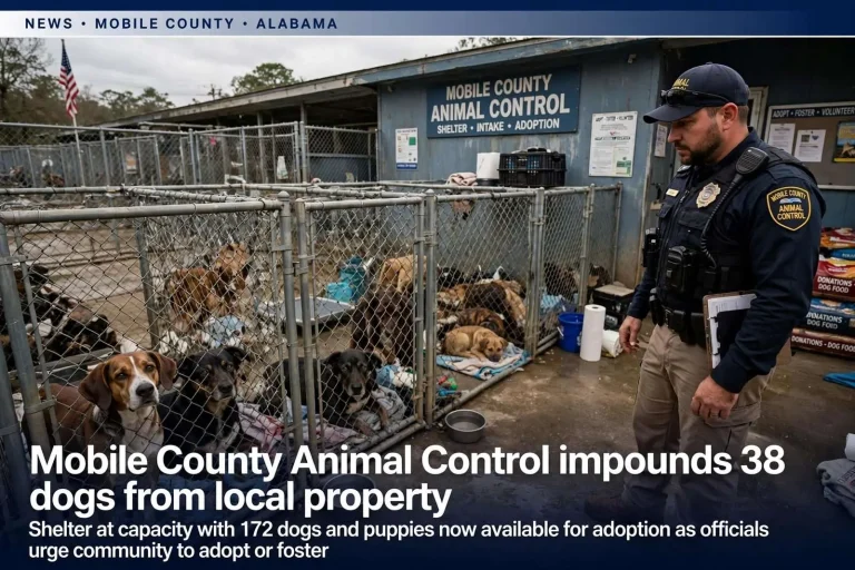 Illustration for the news story: Mobile County Animal Control impounds 38 dogs from local property