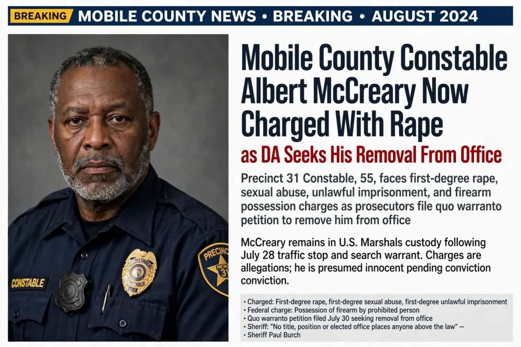 Illustration for the news story: Mobile County Constable Albert McCreary Now Charged With Rape as DA Seeks His Removal From Office