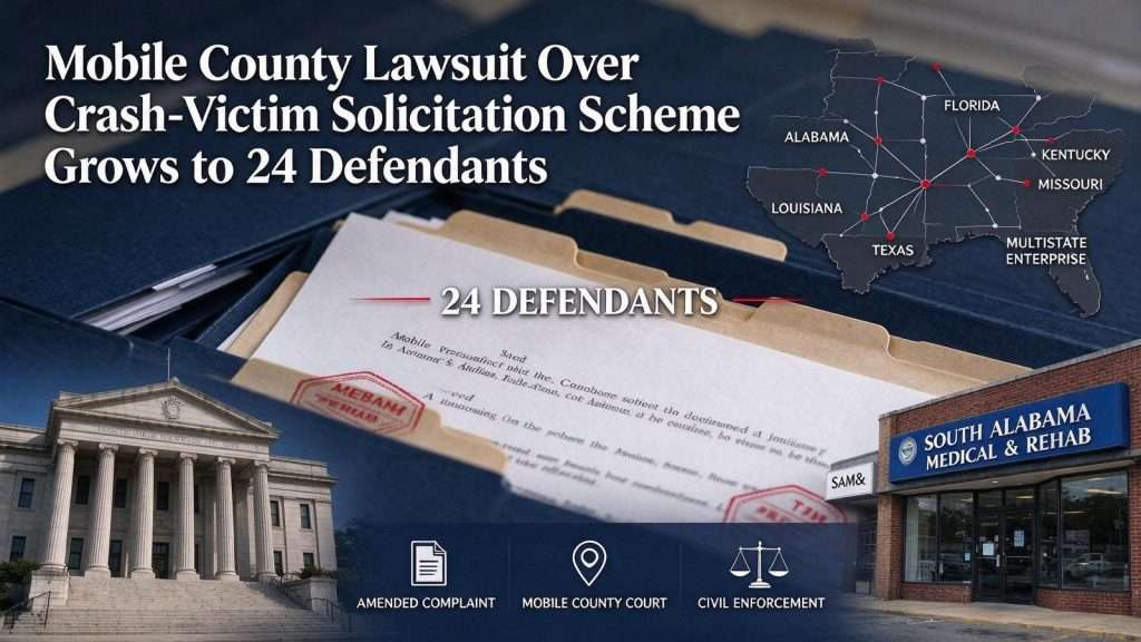 Illustration for the news story: Mobile County Lawsuit Over Crash-Victim Solicitation Scheme Grows to 24 Defendants