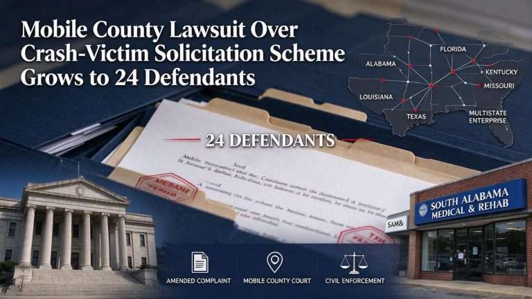 Illustration for the news story: Mobile County Lawsuit Over Crash-Victim Solicitation Scheme Grows to 24 Defendants