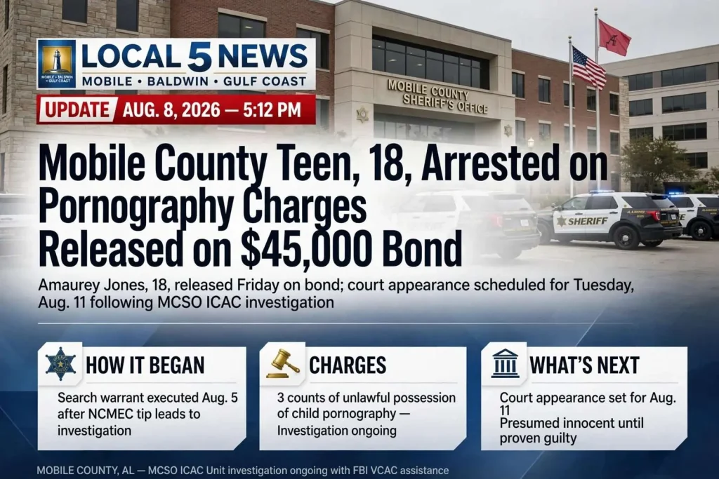 Illustration for the news story: Mobile County Teen, 18, Arrested on Child Pornography Charges Released on $45,000 Bond