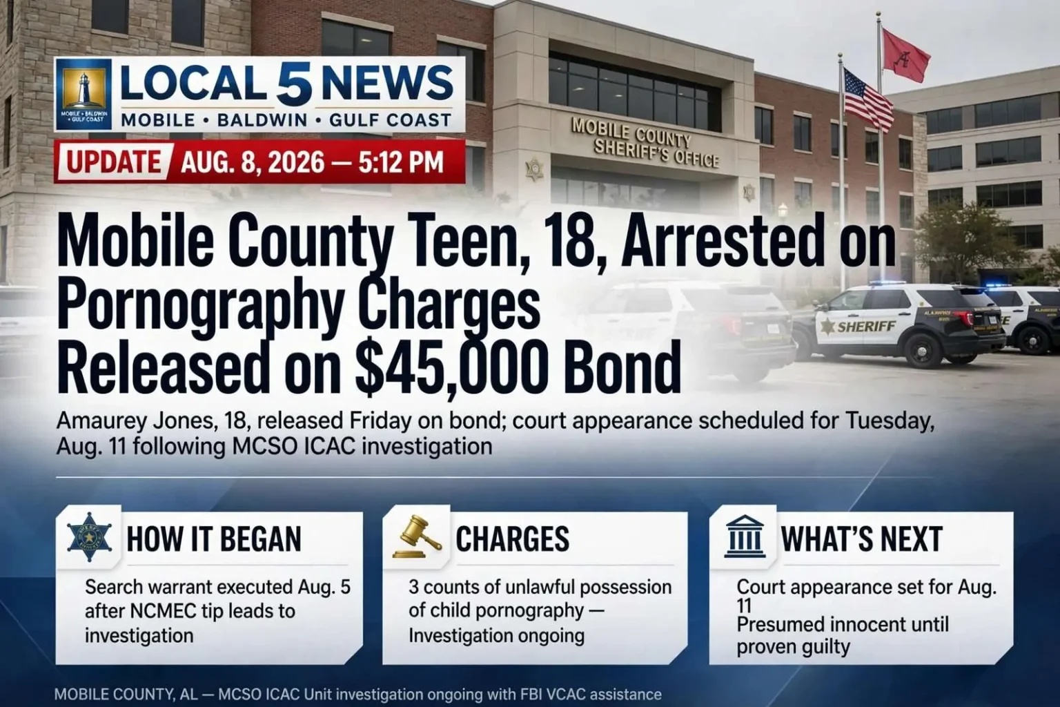 Illustration for the news story: Mobile County Teen, 18, Arrested on Child Pornography Charges Released on $45,000 Bond
