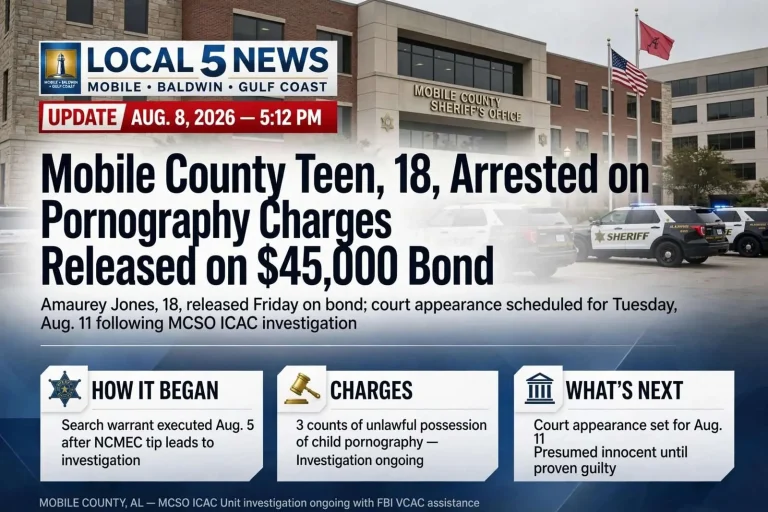 Illustration for the news story: Mobile County Teen, 18, Arrested on Child Pornography Charges Released on $45,000 Bond