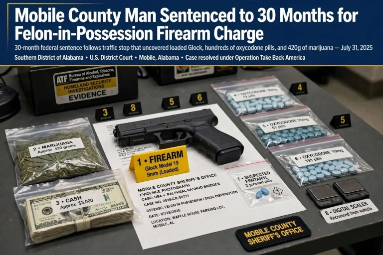 Illustration for the news story: Mobile County Man Sentenced to 30 Months for Felon-in-Possession Firearm Charge
