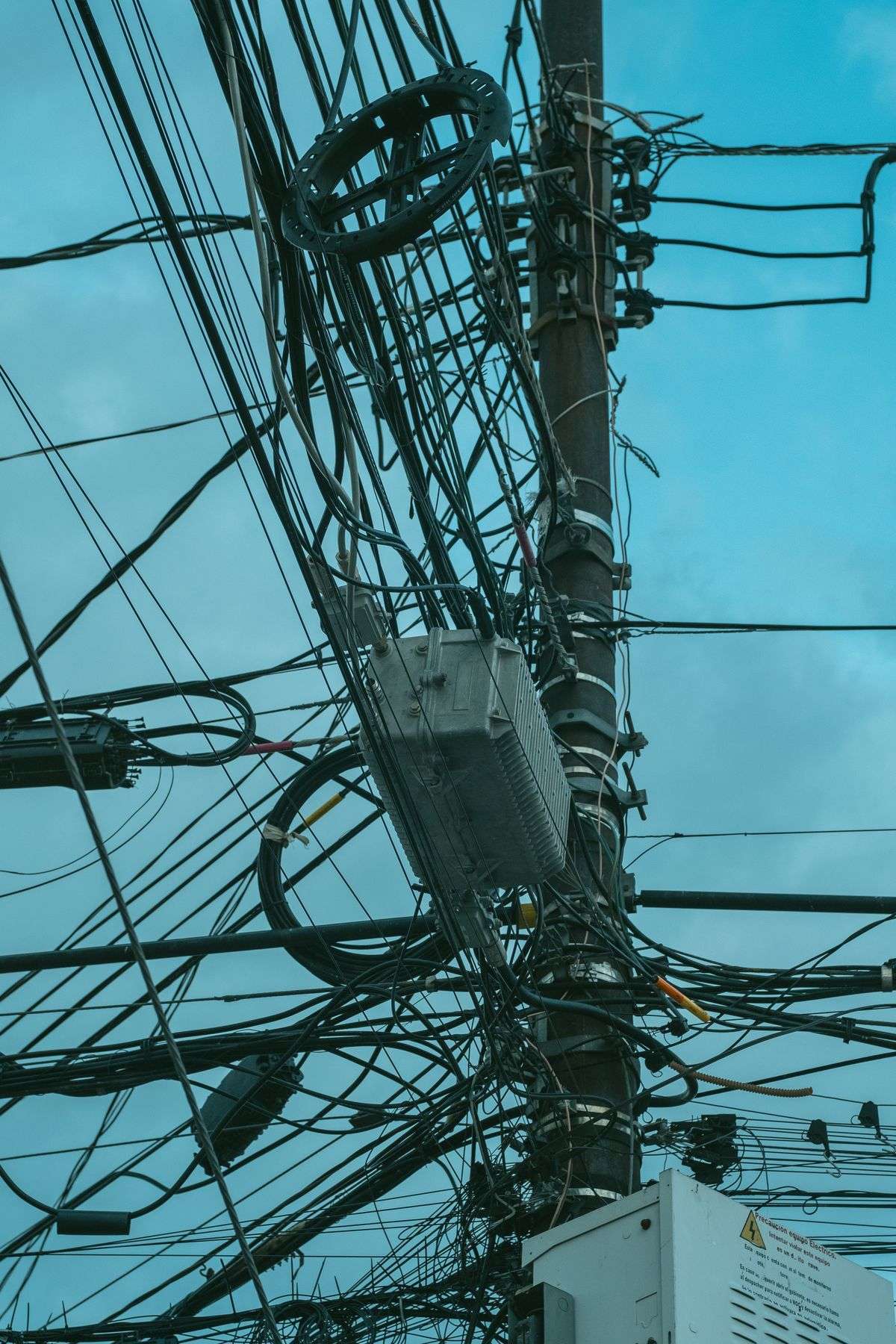 Electrical utility pole with power lines and distribution equipment in Mobile County, Alabama
