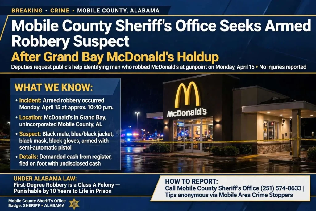 Illustration for the news story: Mobile County Sheriff’s Office Seeks Armed Robbery Suspect After Grand Bay McDonald’s Holdup