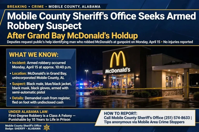 Illustration for the news story: Mobile County Sheriff’s Office Seeks Armed Robbery Suspect After Grand Bay McDonald’s Holdup