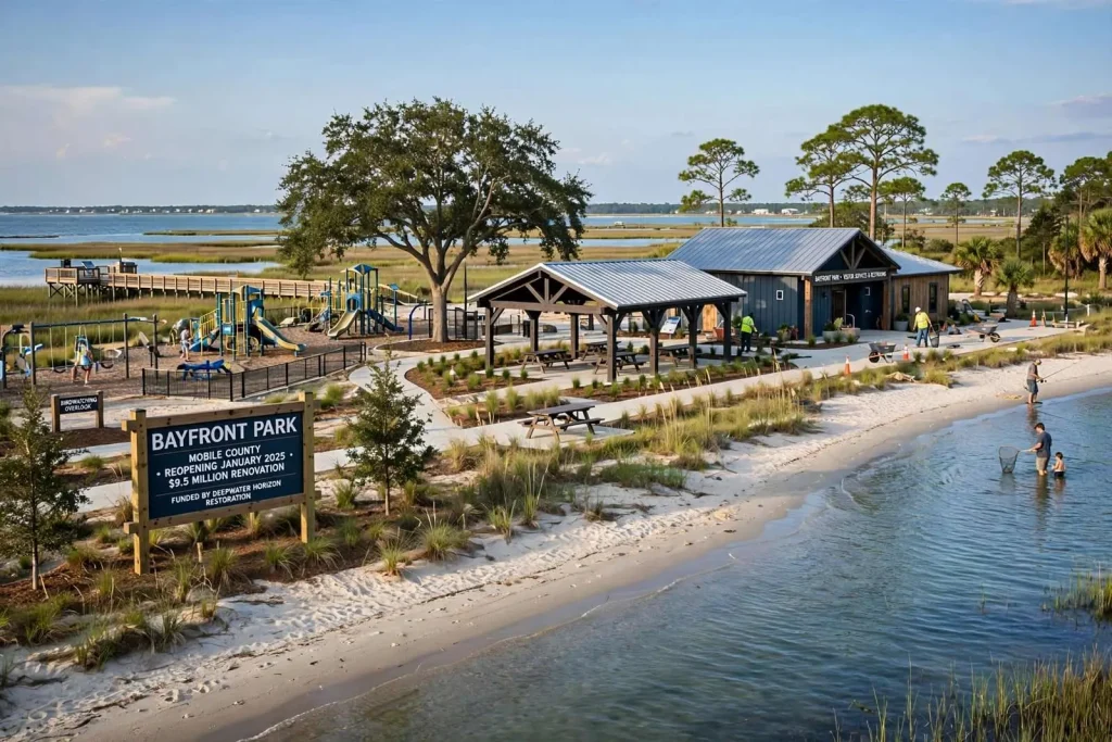 Illustration for the news story: Mobile County Targets Early 2025 Reopening for $9.5 Million Bayfront Park Overhaul