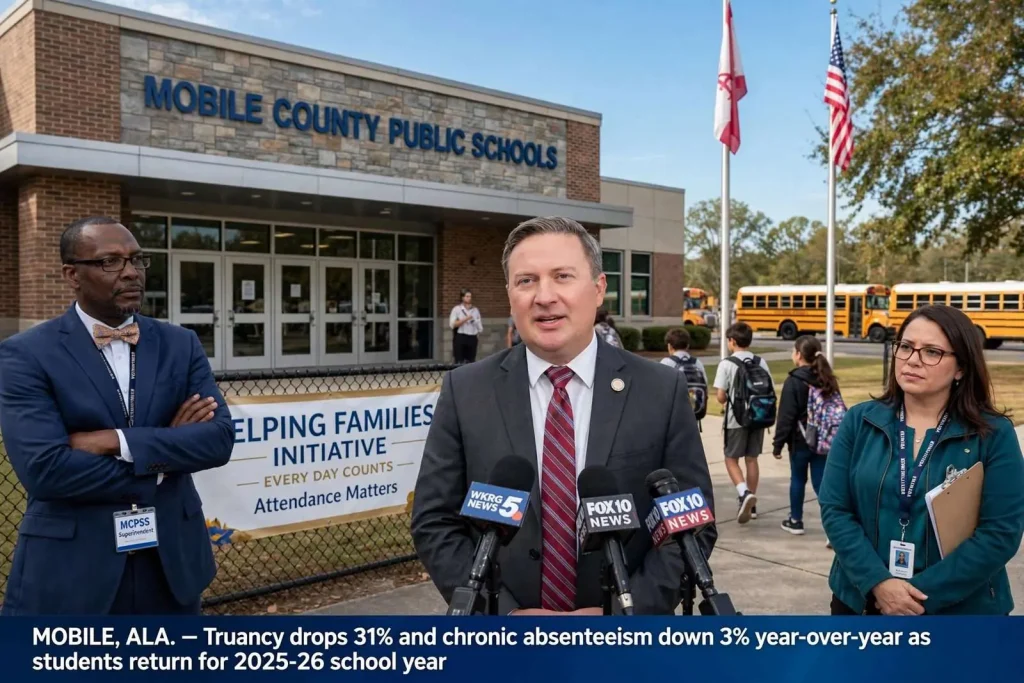 Illustration for the news story: Mobile County Reports Continued Drop in Truancy, Chronic Absenteeism as School Year Opens