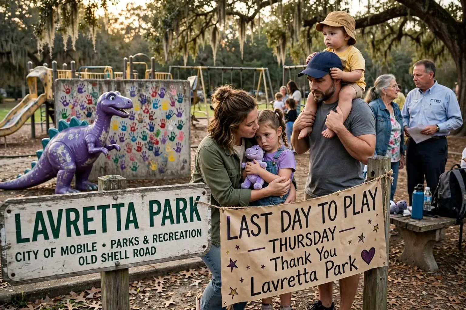Illustration for the news story: Mobile Families Say One Last Goodbye to Lavretta Park Playground Ahead of $1.1 Million Rebuild