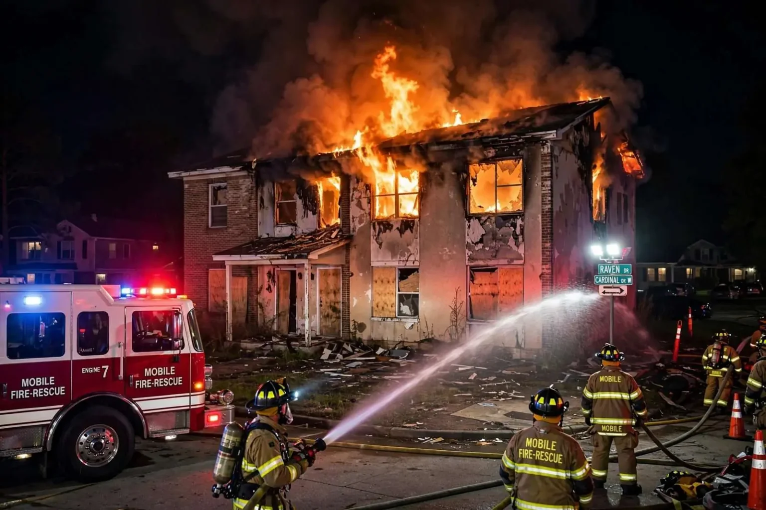 Illustration for the news story: Mobile Fire-Rescue Battles Blaze at Abandoned Birdville Apartment Building