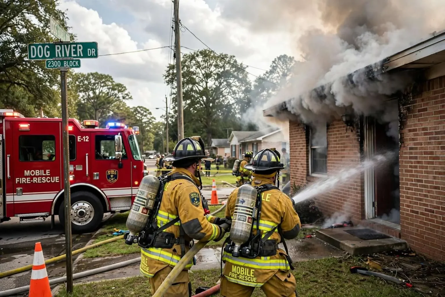 Illustration for the news story: Mobile Fire-Rescue Knocks Down a Dog River House Fire in Roughly 20 Minutes; No One Was Home