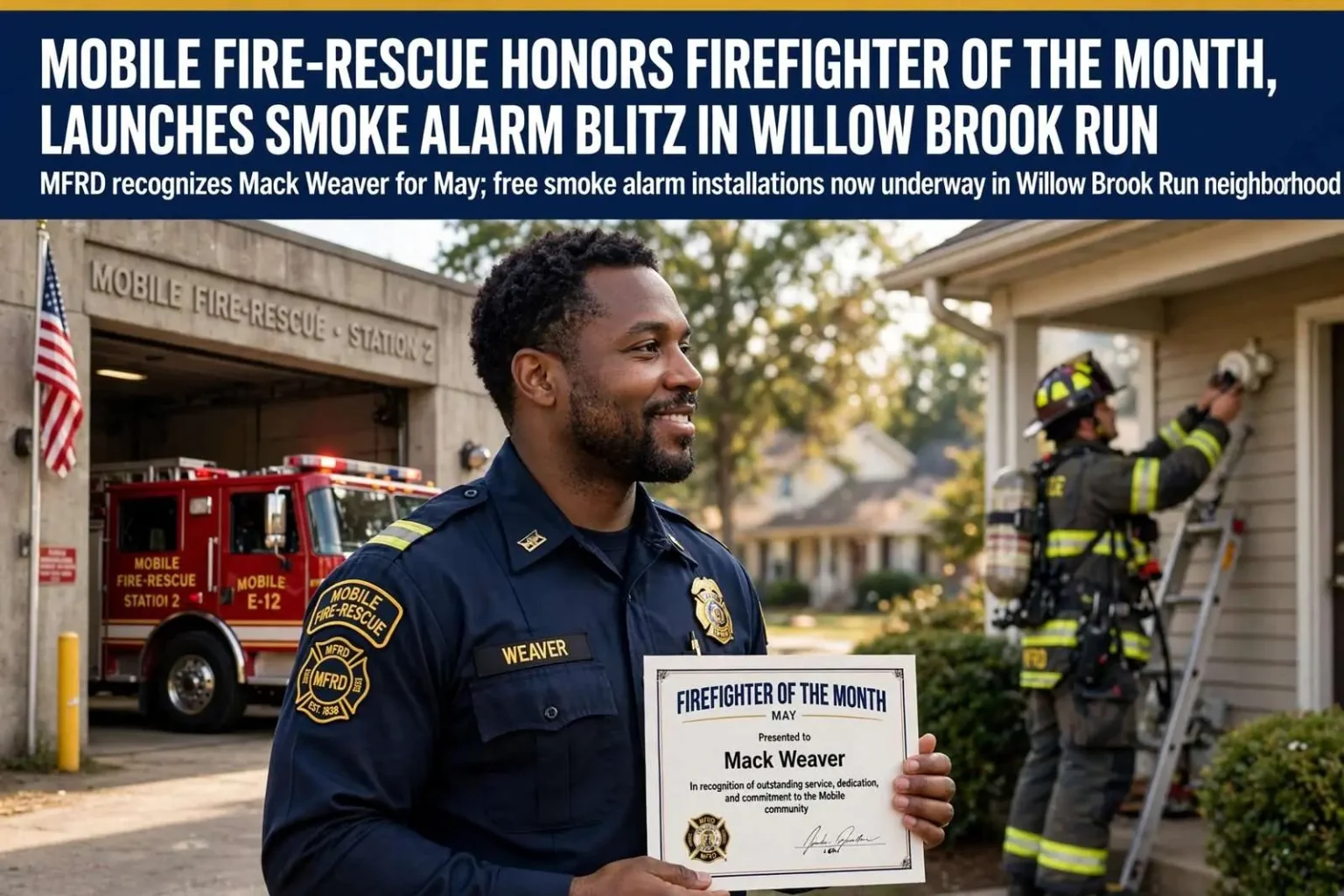 Illustration for the news story: Mobile Fire-Rescue Honors Firefighter of the Month, Launches Smoke Alarm Blitz in Willow Brook Run