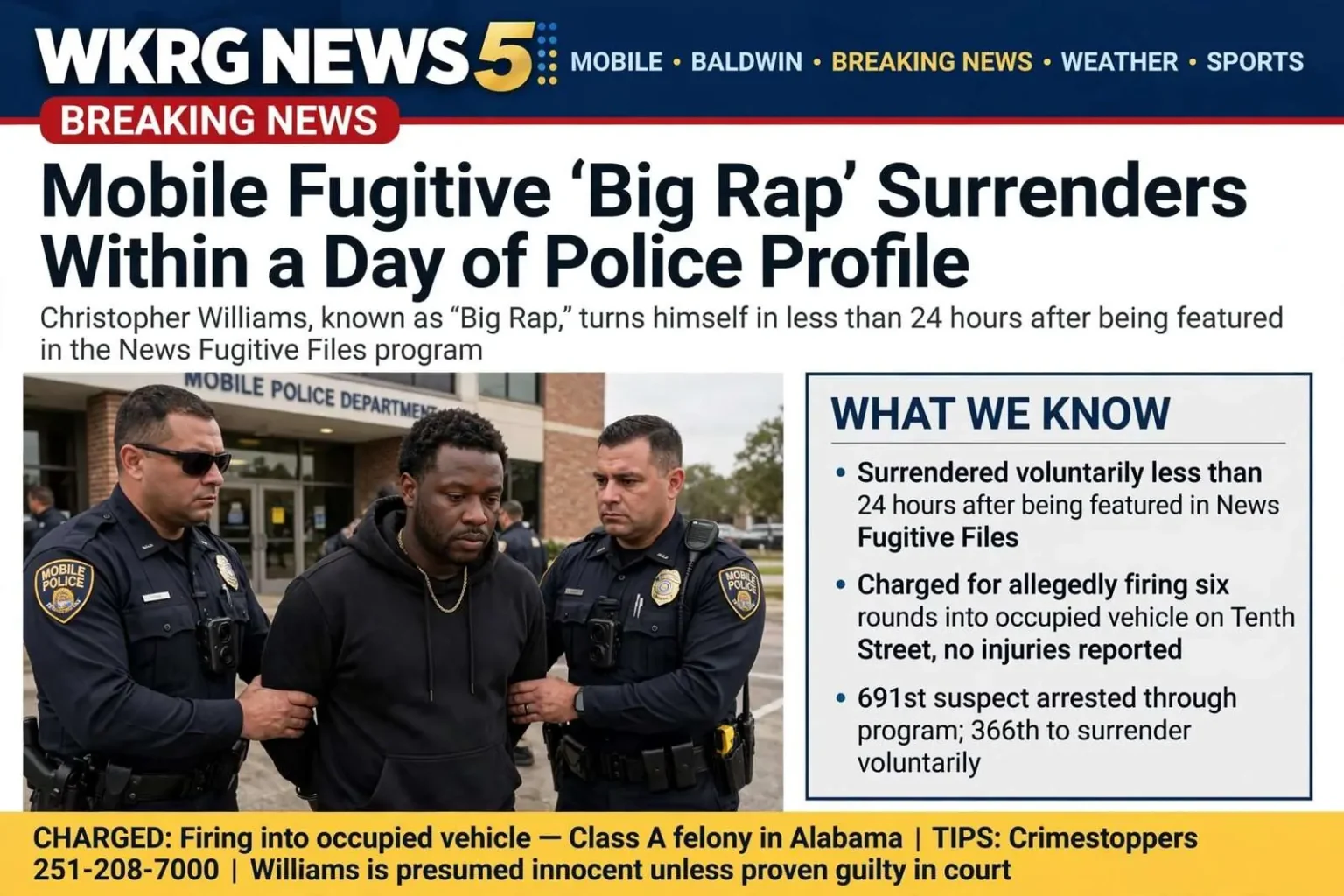 Illustration for the news story: Mobile Fugitive ‘Big Rap’ Surrenders Within a Day of Police Profile
