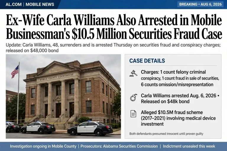 Illustration for the news story: Ex-Wife Carla Williams Also Arrested in Mobile Businessman’s $10.5 Million Securities Fraud Case