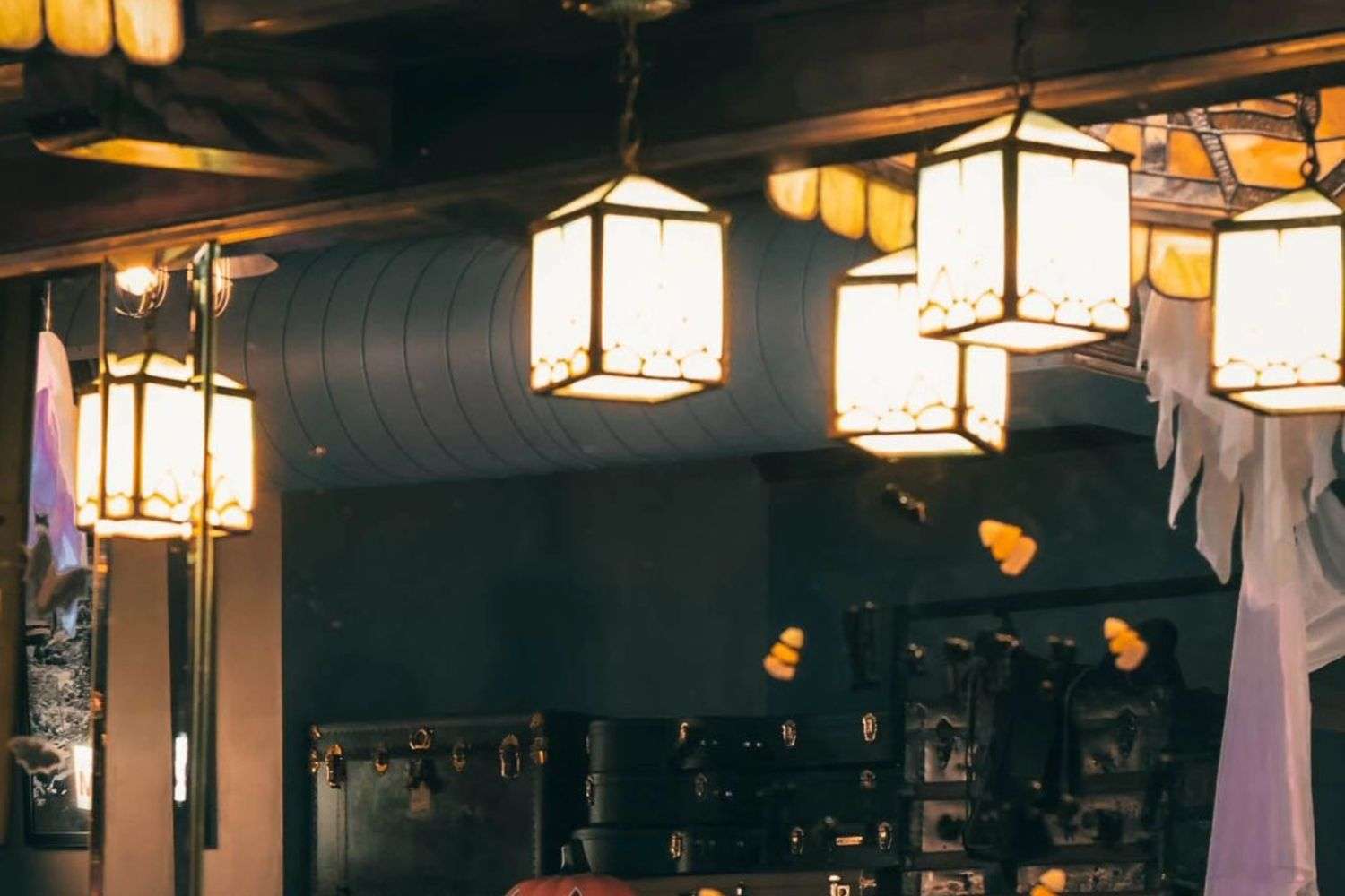 A bar decorated for Halloween