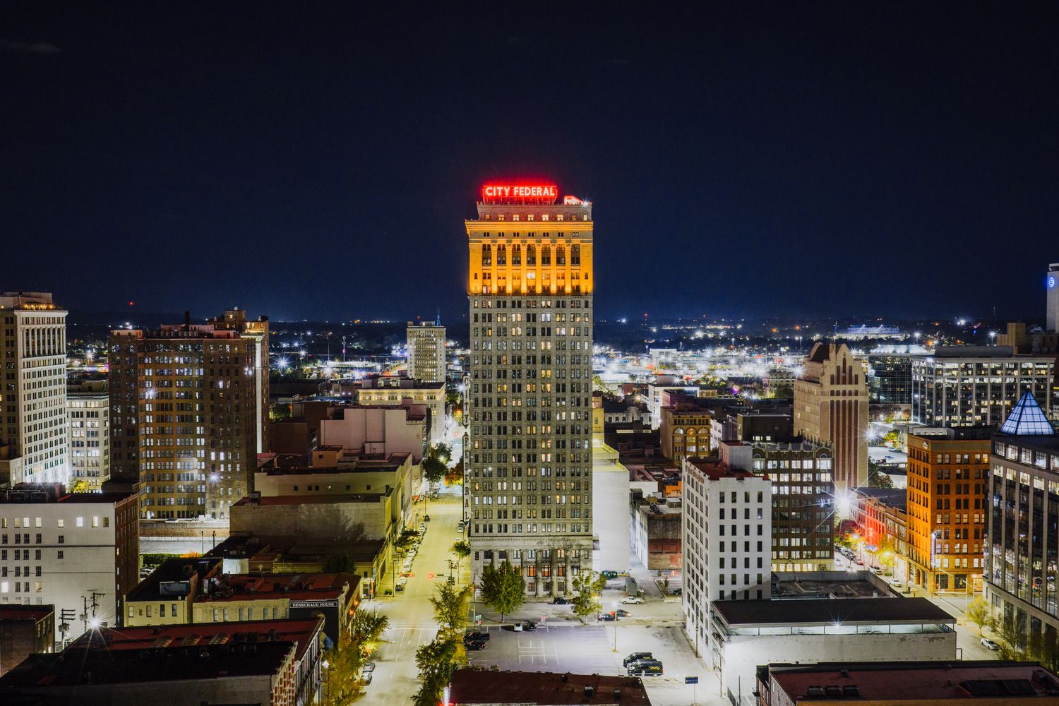 Downtown Mobile street scene at night