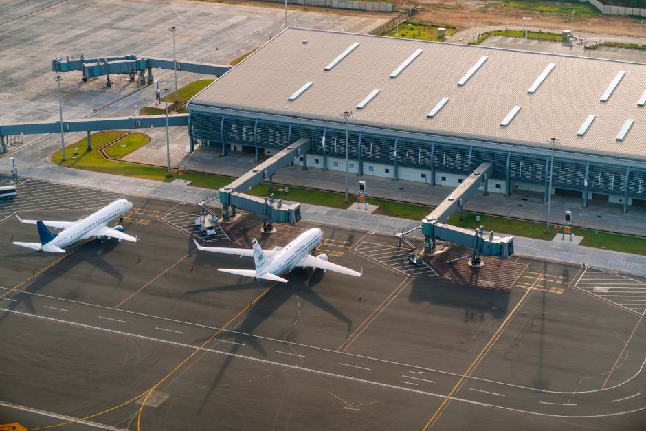 Aerial view of the Mobile International Airport terminal construction site in downtown Mobile