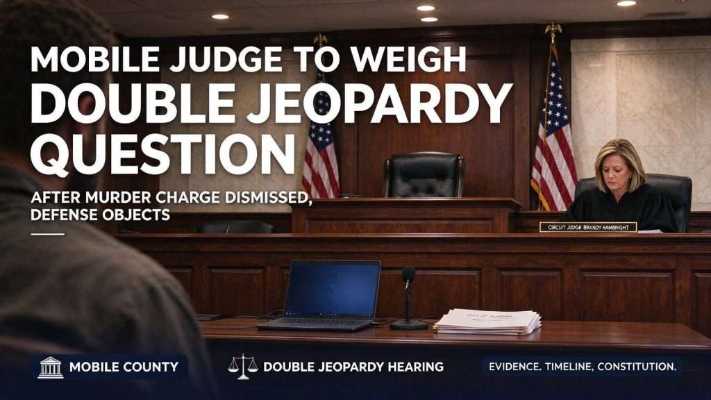 Illustration for the news story: Mobile Judge to Weigh Double Jeopardy Question After Murder Charge Dismissed, Defense Objects