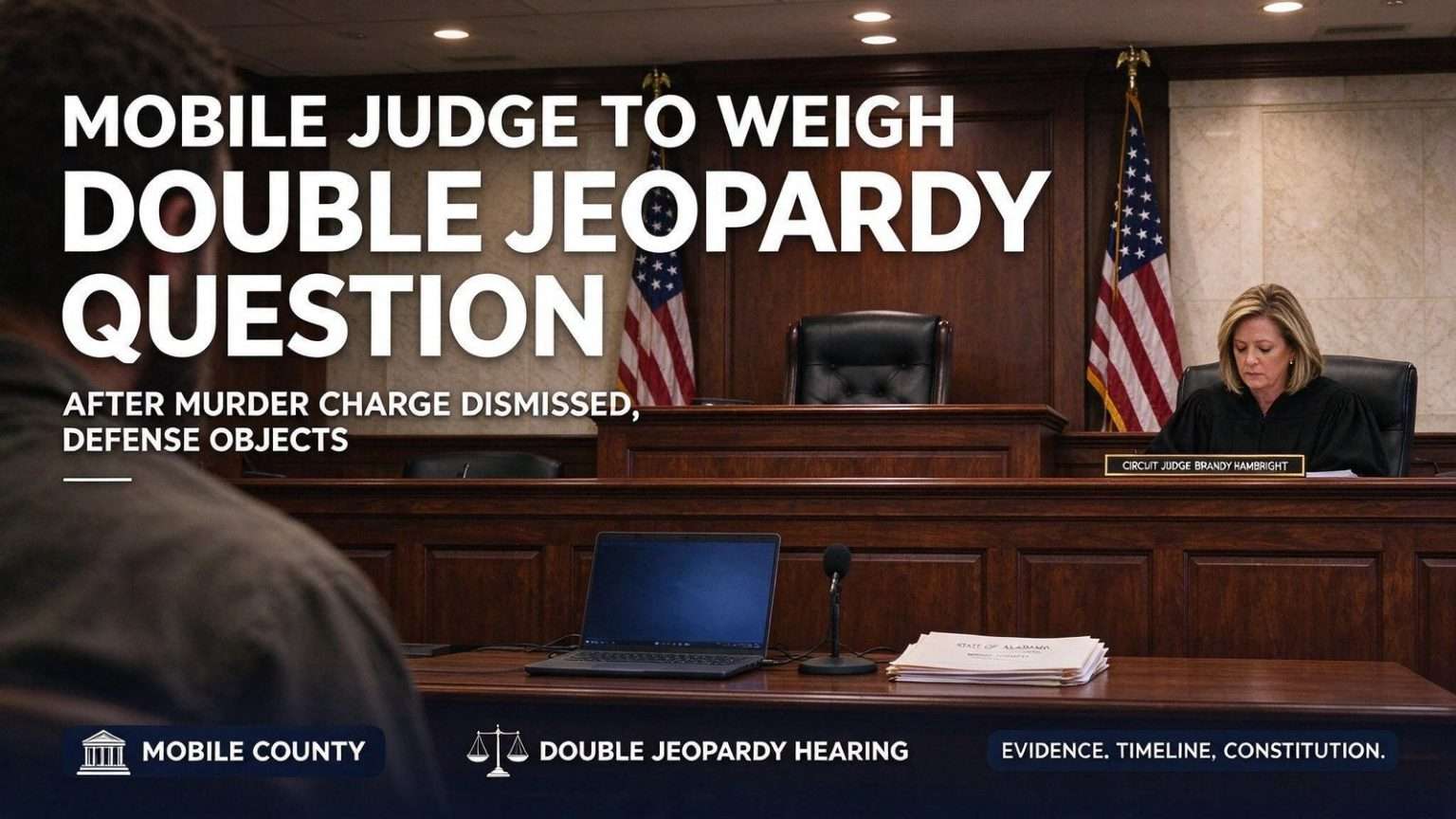Illustration for the news story: Mobile Judge to Weigh Double Jeopardy Question After Murder Charge Dismissed, Defense Objects
