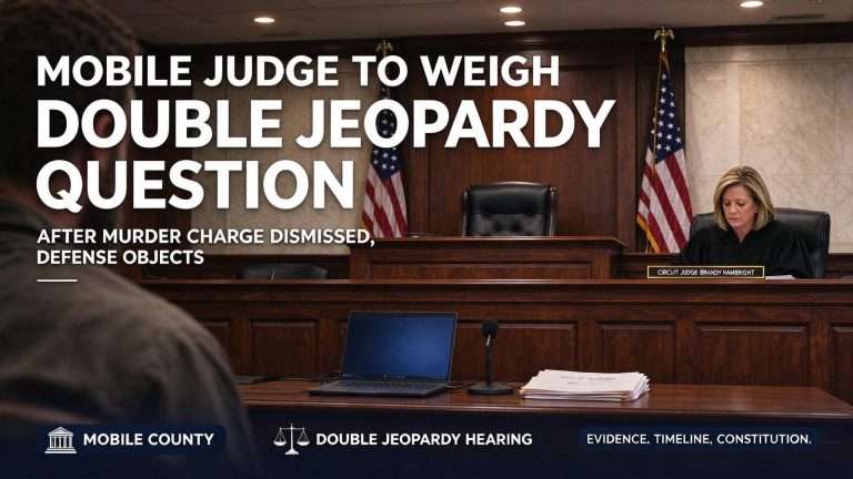 Illustration for the news story: Mobile Judge to Weigh Double Jeopardy Question After Murder Charge Dismissed, Defense Objects