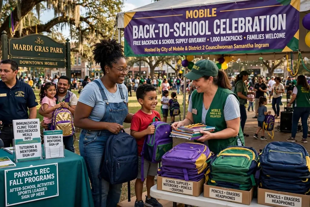 Illustration for the news story: Mobile Kicks Off School Year With Backpack Giveaway and Family Celebration at Mardi Gras Park