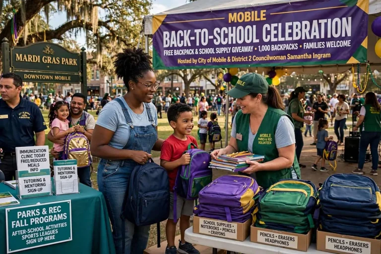 Illustration for the news story: Mobile Kicks Off School Year With Backpack Giveaway and Family Celebration at Mardi Gras Park