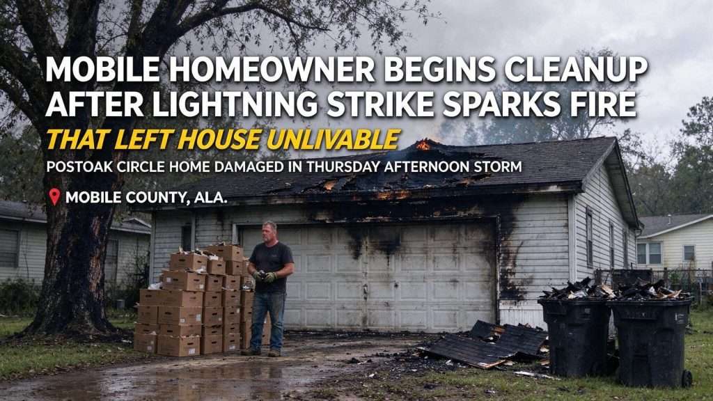 Illustration for the news story: Mobile Homeowner Begins Cleanup After Lightning Strike Sparks Fire That Left House Unlivable