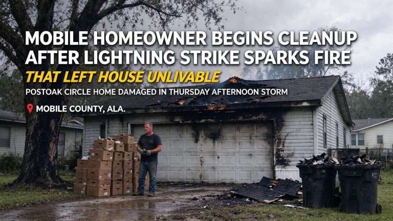 Illustration for the news story: Mobile Homeowner Begins Cleanup After Lightning Strike Sparks Fire That Left House Unlivable