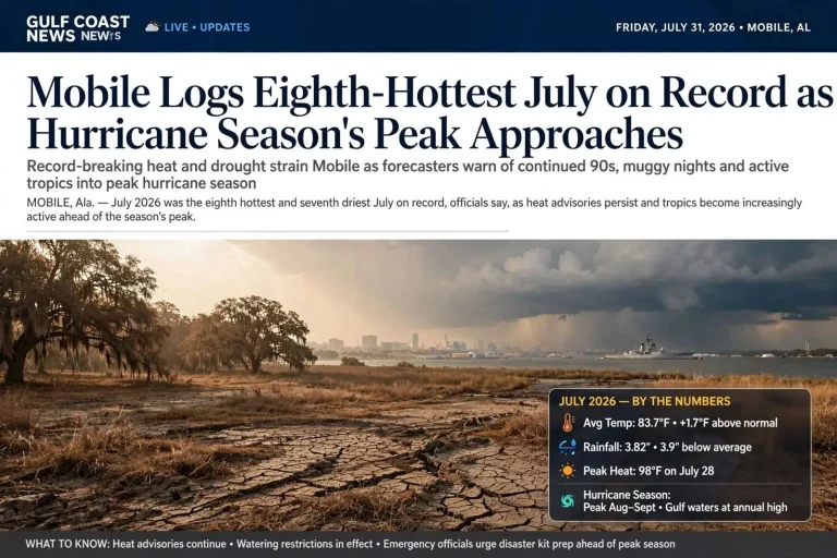 Illustration for the news story: Mobile Logs Eighth-Hottest July on Record as Hurricane Season’s Peak Approaches