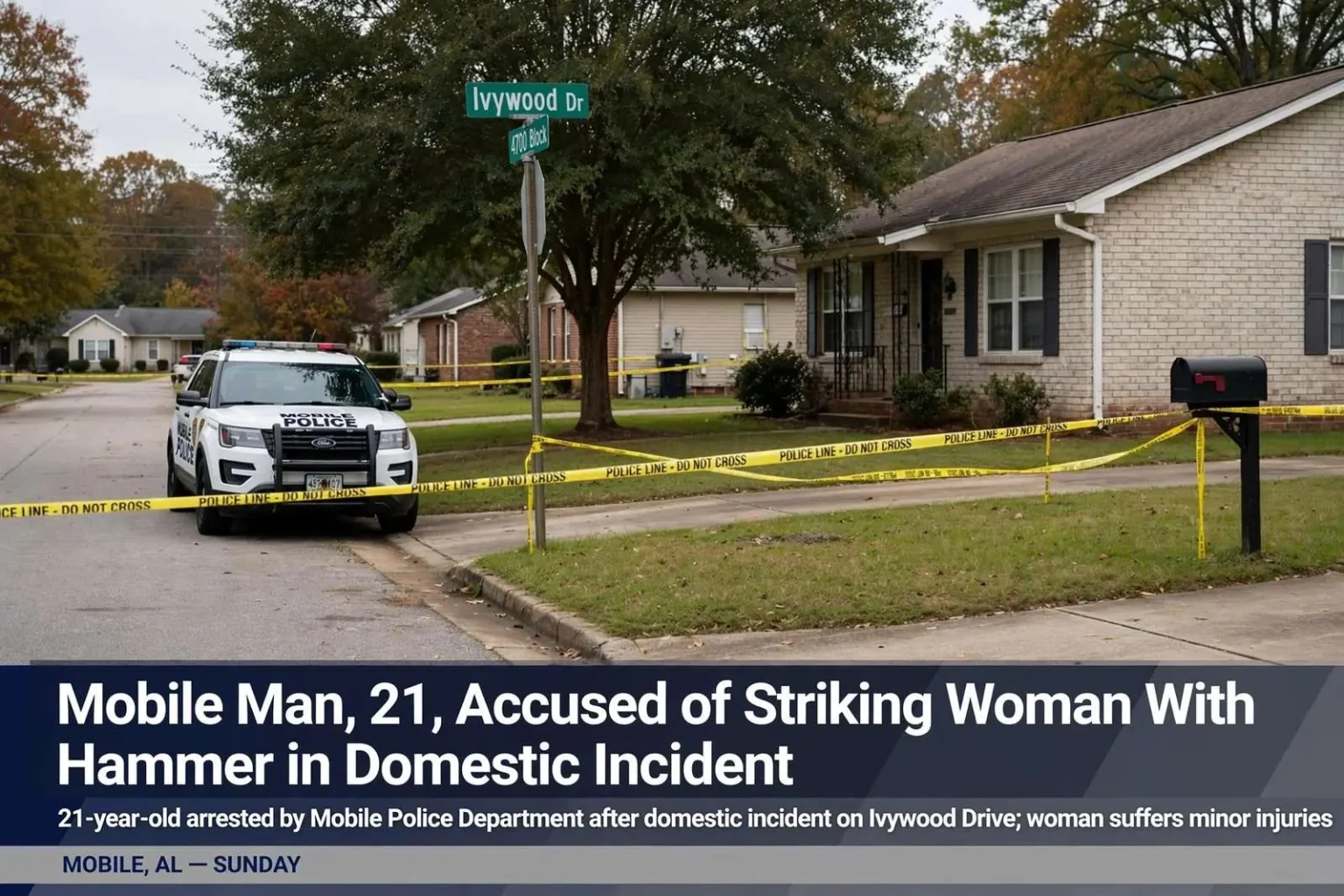 Illustration for the news story: Mobile Man, 21, Accused of Striking Woman With Hammer in Domestic Incident