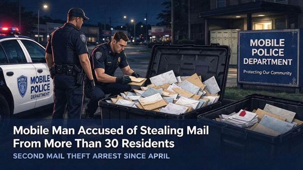 Illustration for the news story: Mobile Man, 28, Accused of Stealing Mail From More Than 30 Residents at Two Apartment Complexes