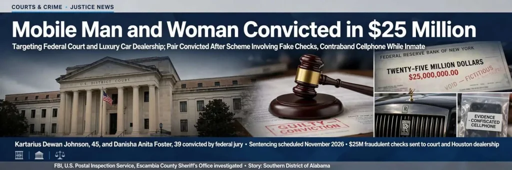 Illustration for the news story: Mobile Man and Woman Convicted in $25 Million Bank Fraud Scheme Targeting Federal Court, Luxury Car Dealership