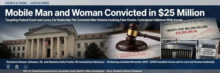 Illustration for the news story: Mobile Man and Woman Convicted in $25 Million Bank Fraud Scheme Targeting Federal Court, Luxury Car Dealership