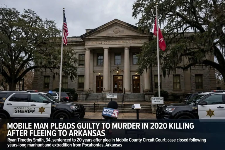 Illustration for the news story: Mobile Man Pleads Guilty to Murder in 2020 Killing After Fleeing to Arkansas
