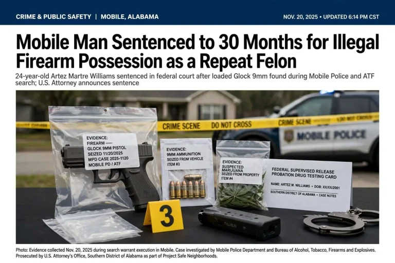 Illustration for the news story: Mobile Man Sentenced to 30 Months for Illegal Firearm Possession as a Repeat Felon