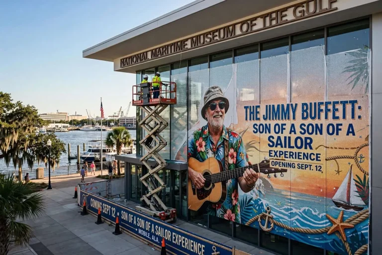 Illustration for the news story: Mobile Council to Weigh $27,931 Buy for Jimmy Buffett Window Wraps Ahead of September Exhibit