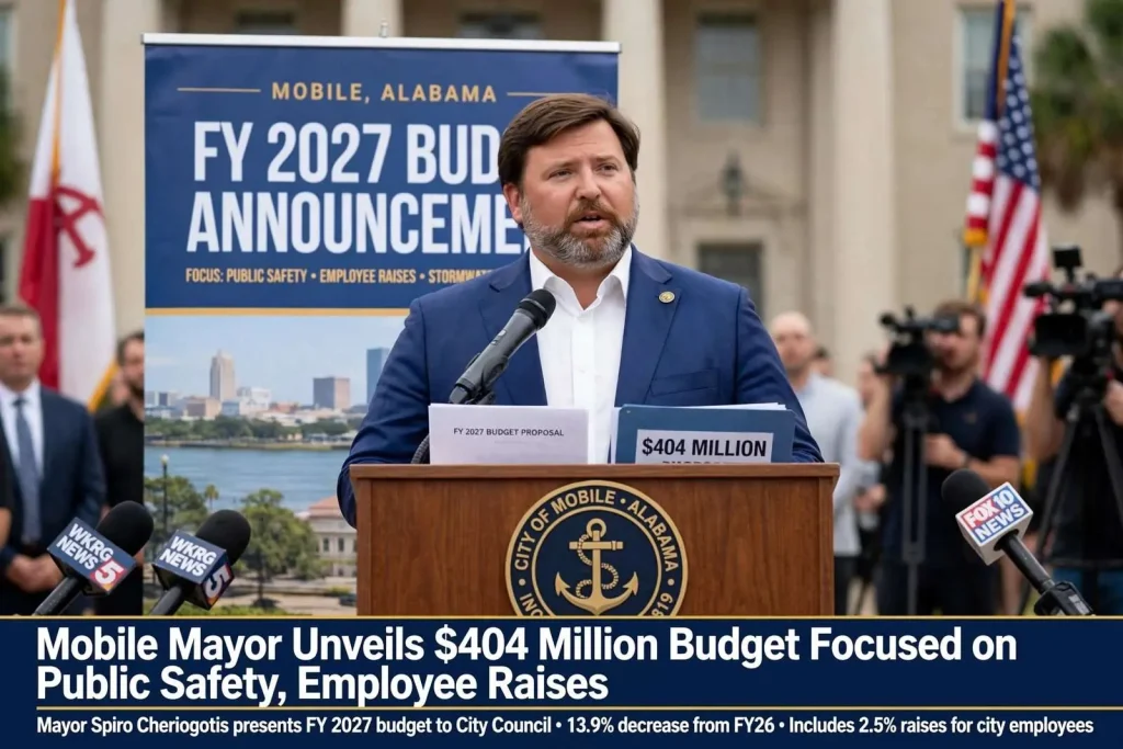 Illustration for the news story: Mobile Mayor Unveils $404 Million Budget Focused on Public Safety, Employee Raises