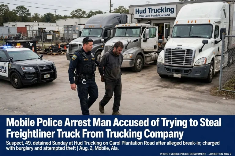 Illustration for the news story: Mobile Police Arrest Man Accused of Trying to Steal Freightliner Truck From Trucking Company