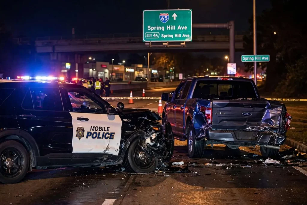 Illustration for the news story: Officer and Two Others Hospitalized After Mobile Police SUV Collides With Pickup on Spring Hill Avenue