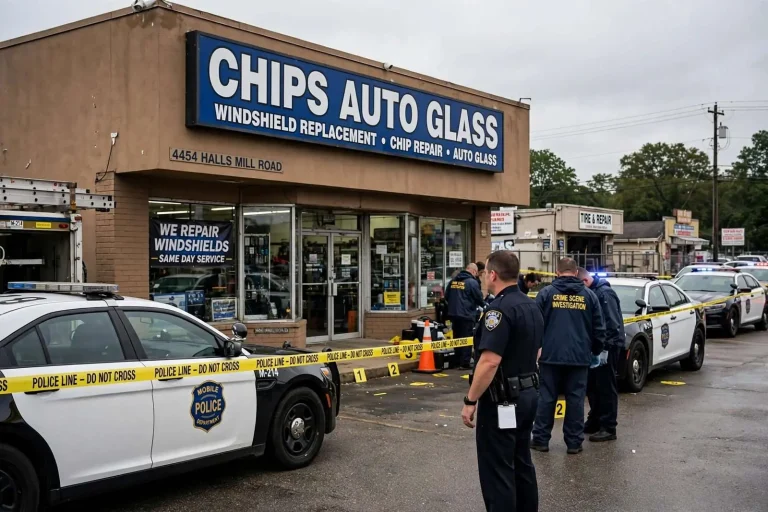 Illustration for the news story: Mobile Police Investigate Fatal Shooting Outside Halls Mill Road Auto Glass Shop