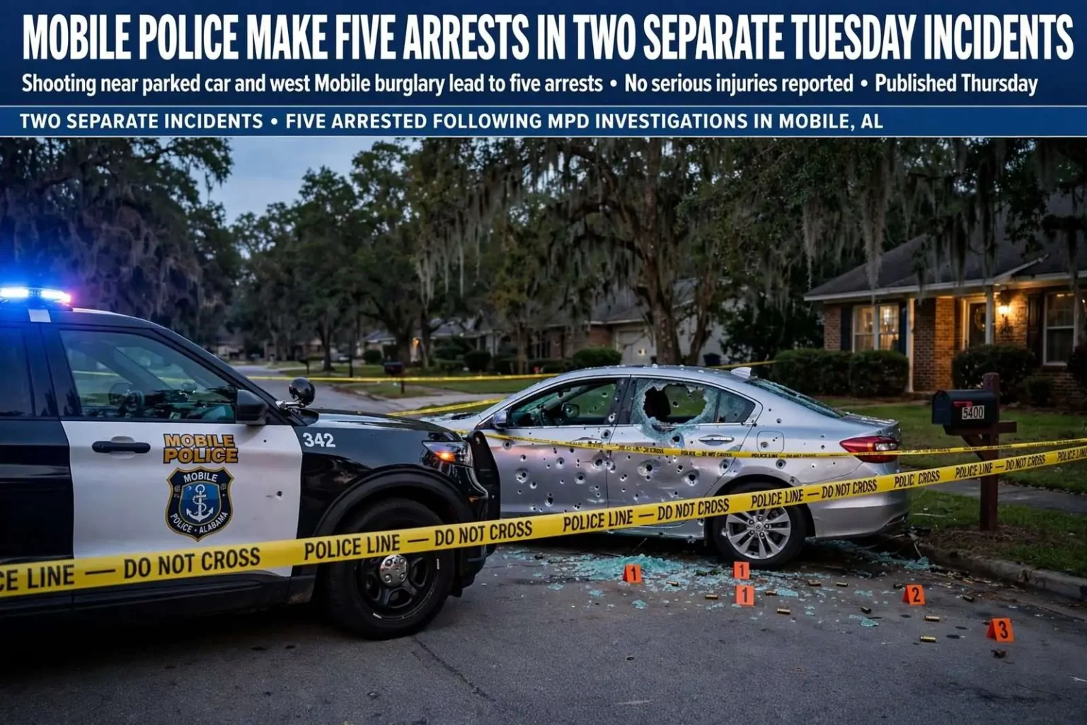 Illustration for the news story: Mobile Police Make Five Arrests in Two Separate Tuesday Incidents