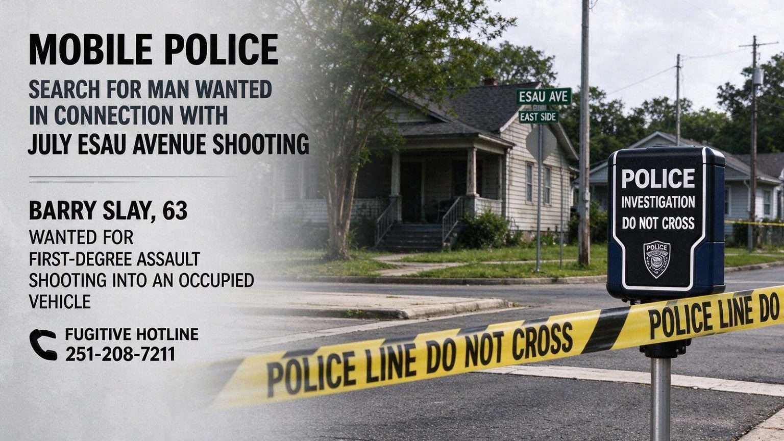 Illustration for the news story: Mobile Police Search for Man Wanted in Connection with July Esau Avenue Shooting