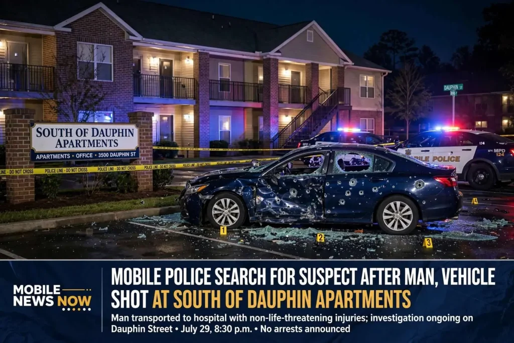 Illustration for the news story: Mobile Police Search for Suspect After Man, Vehicle Shot at South of Dauphin Apartments