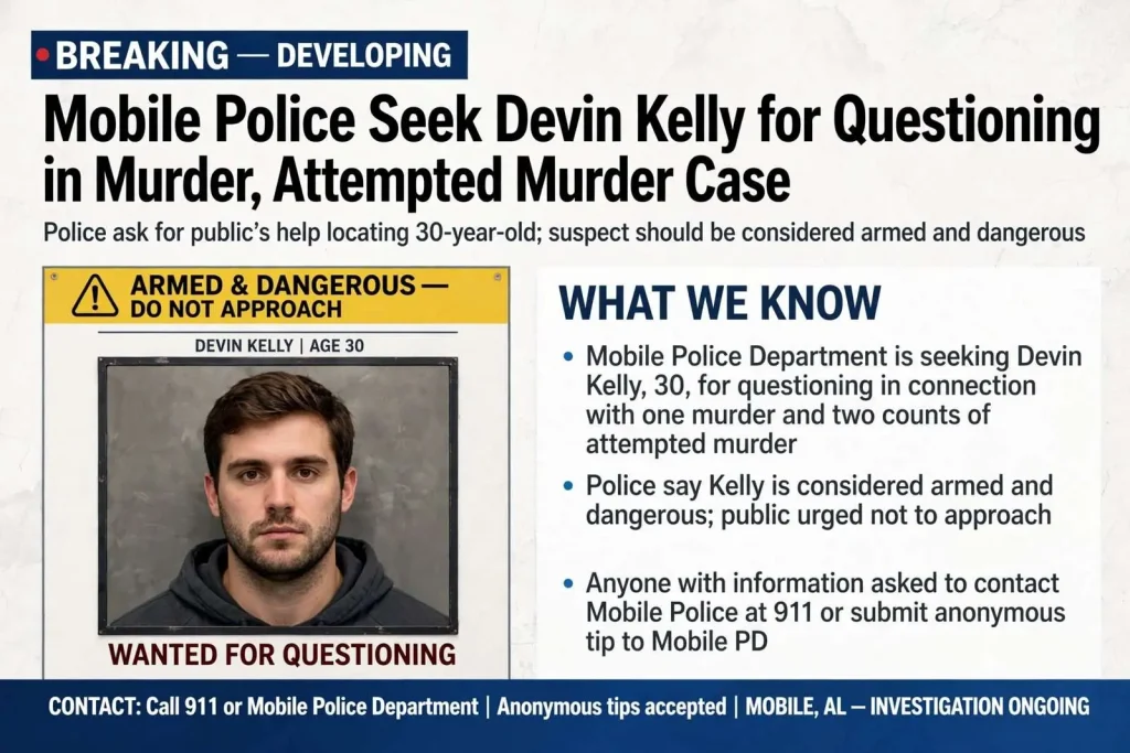 Illustration for the news story: Mobile Police Seek Devin Kelly for Questioning in Murder, Attempted Murder Case